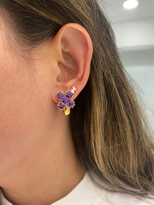 Vintage 14K Gold Checkerboard Cut Amethyst Omega Back Earrings