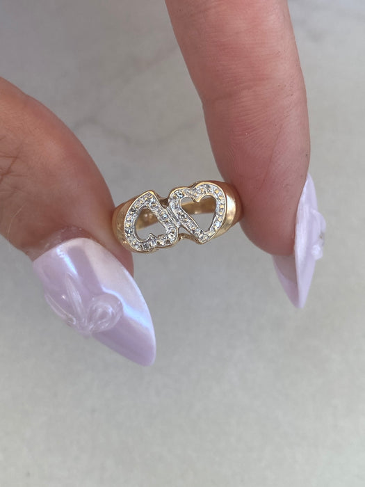 Vintage 14K Gold Double Heart Diamond Pinky Ring