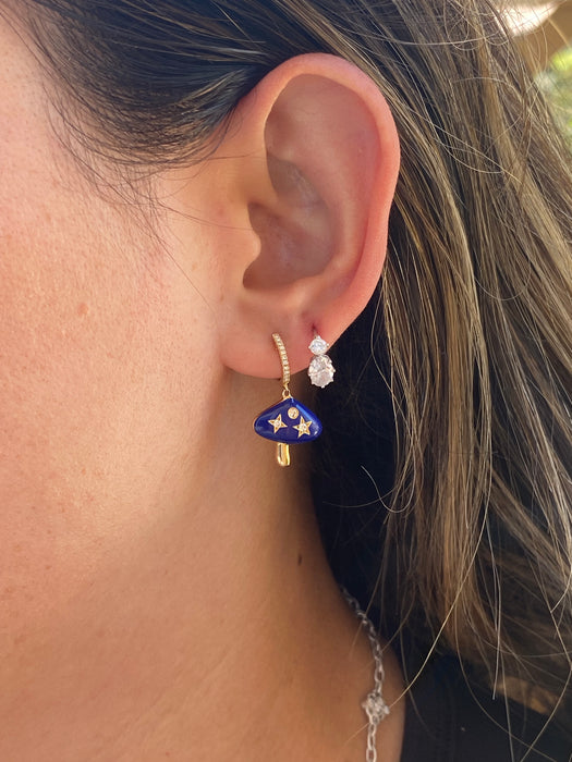 14K Gold Diamond Huggie Earrings with Blue Enamel Mushroom Charms
