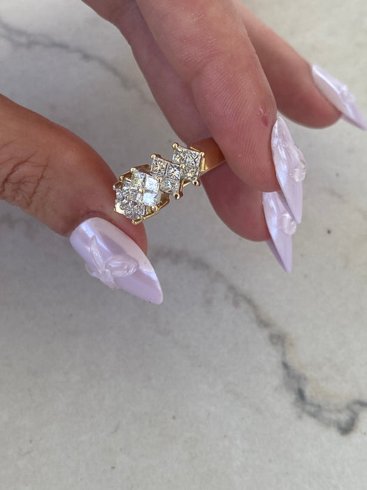 Vintage 14K Gold Princess Cut Diamond Cluster Ring – 1.50 TCW – Size 6.25