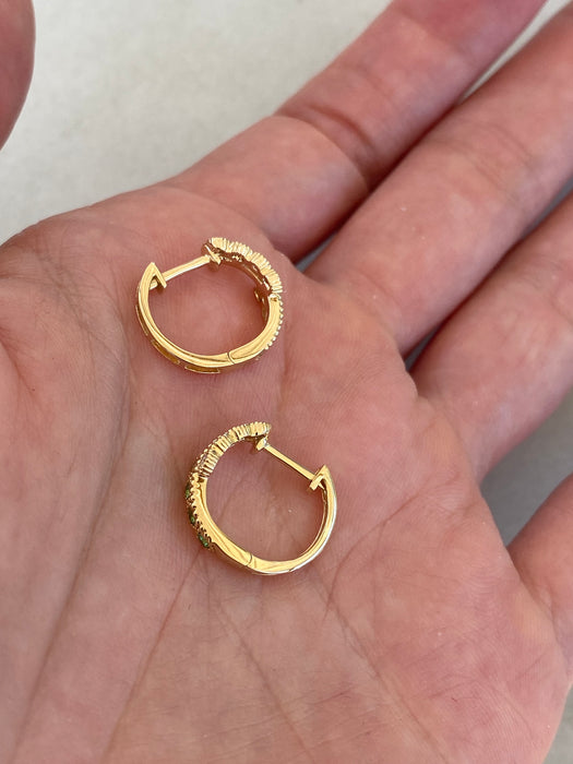 14K Gold Green Garnet & Diamond Huggie Earrings