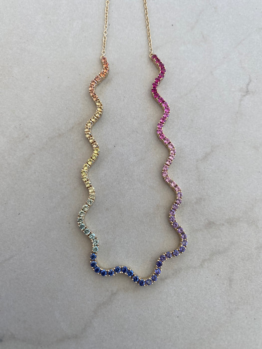 14K Gold Wavy Rainbow Sapphire Necklace