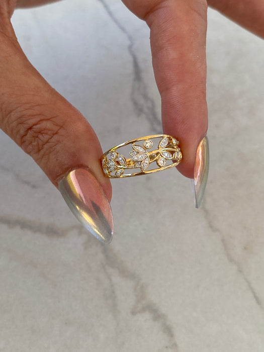 14K Yellow Gold Lotus Flower & Diamond Ring