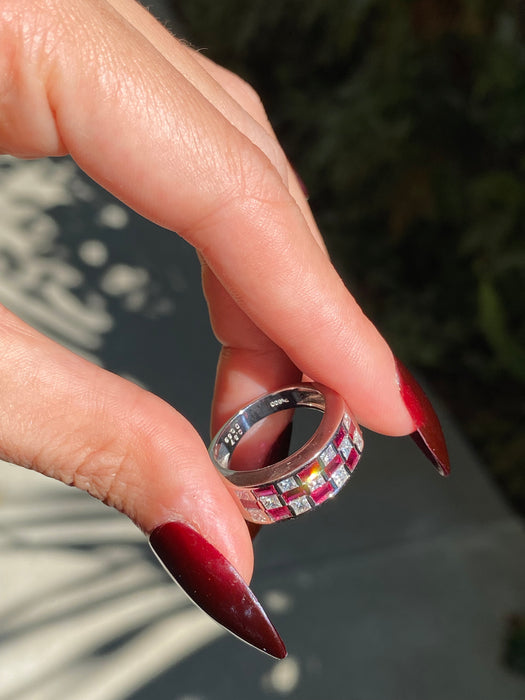 Platinum 900 ruby diamond checkerboard ring size 6.5