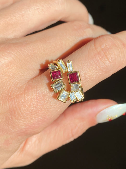 18k Gold Ruby Diamond Firework Ring Size 5.25