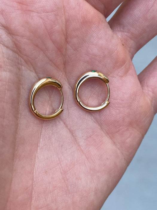 14K Gold Flush Set Emerald Huggie Earrings