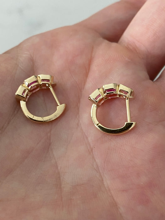14K Bezel Set Lab Pink Sapphire Emerald Cut Huggie Earrings