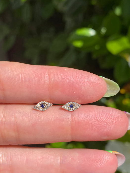 14k evil eye diamond blue sapphire flat back stud earrings