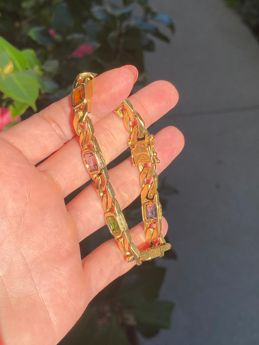 Vintage 14k Solid Gold Rainbow Gemstone Curb Bracelet | Emerald Cut Peridot Amethyst Citrine | 7”