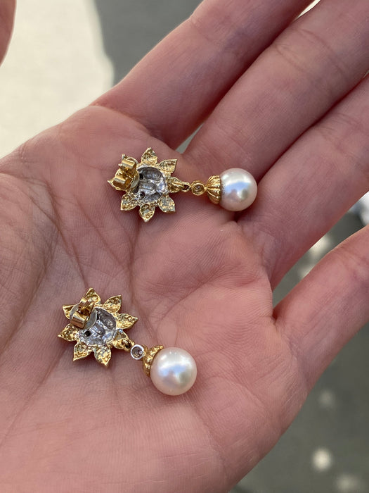 18k brushed diamond sun pearl earrings