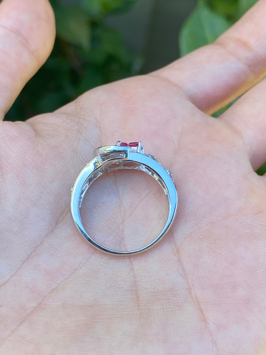 18k white gold baguette diamond kite ruby moon ring size 8.5