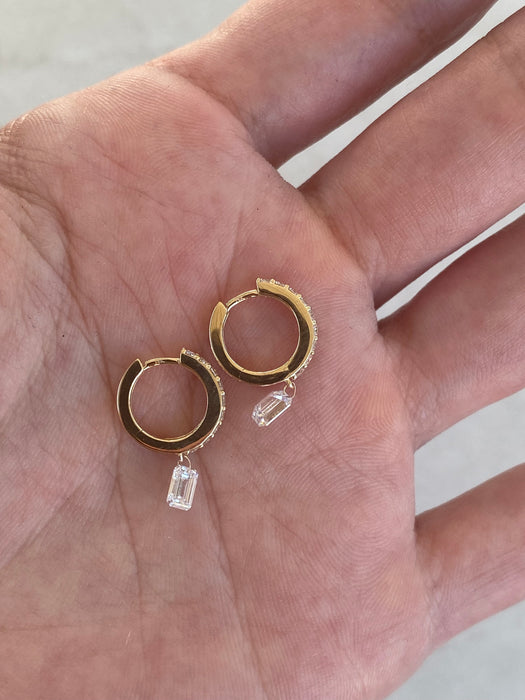 14K Gold Lab Diamond Huggie Earrings with Floating Emerald Cut Drop