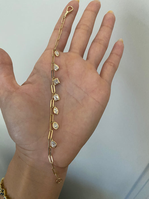 14k Gold Lab Diamond Bezel Charms Paperclip Bracelet With Dog Clip
