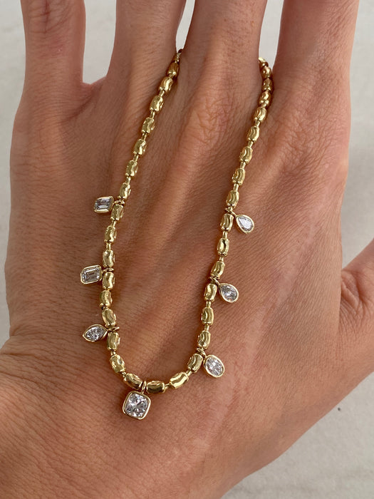 14K Gold Diamond-Cut Bead Bracelet with Lab Diamond Charm Drops