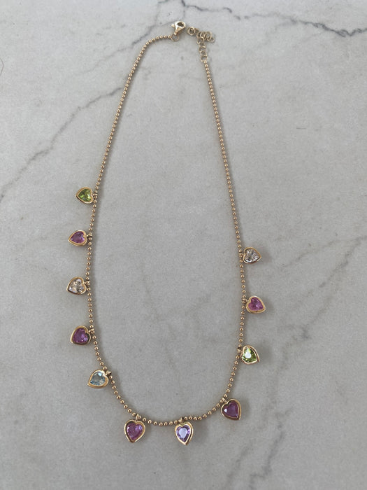 14K Multi-Gemstone Heart Station Bead Necklace