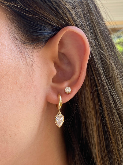 14K Gold Lab Diamond Huggie Earrings with Pear Drop Charms