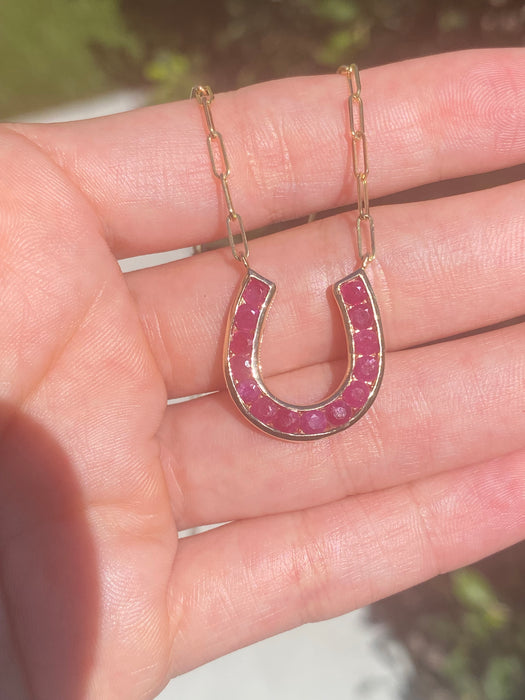 14k Gold Paperclip Necklace with Natural Ruby Horseshoe Charm – 2.08 TCW