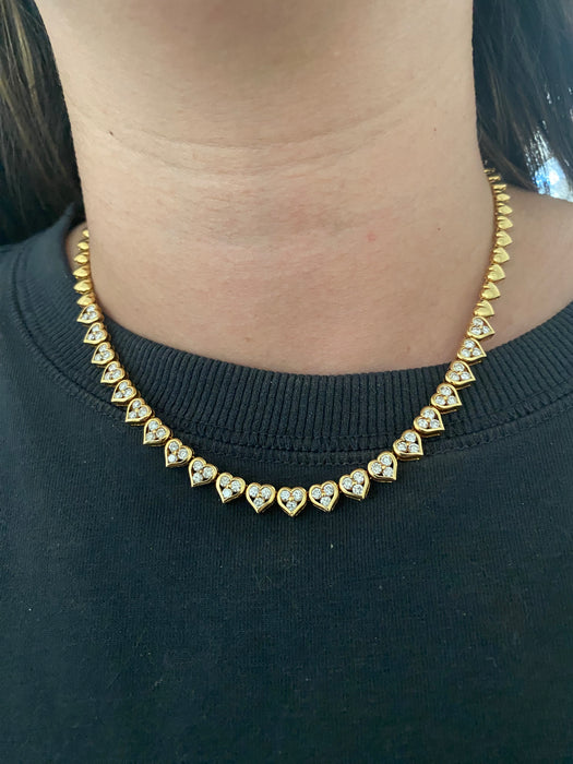 Vintage 18K Gold Diamond Heart Tennis Necklace