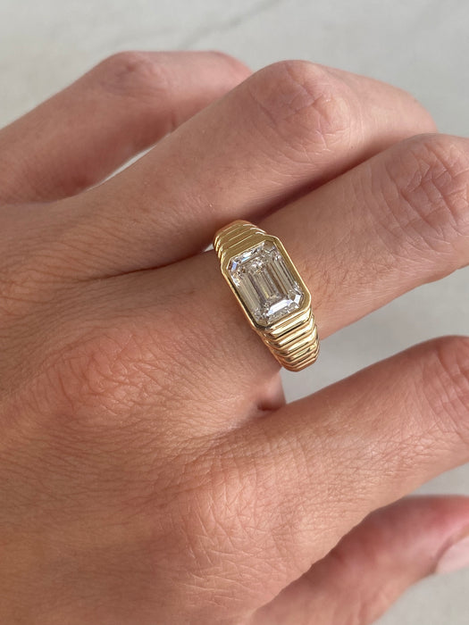 14K Ribbed 2 Carat Emerald Cut Lab Diamond Ring- IGI