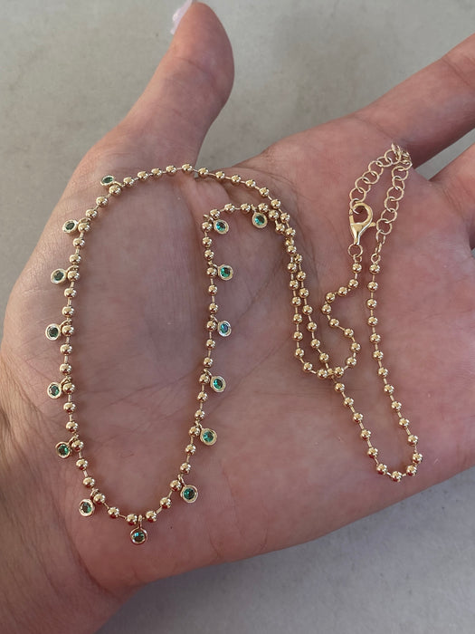 14K Gold Natural Emerald Charm Bead Necklace