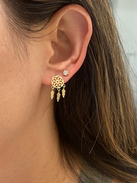 14K Gold Dreamcatcher Stud Earrings with Moving Feather Charms