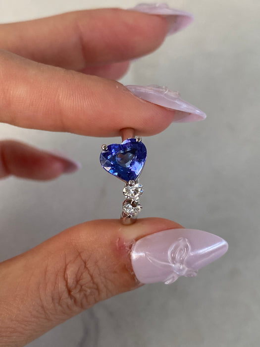 Vintage Platinum 900 Blue Sapphire Heart & Diamond Ring –Size 6.5