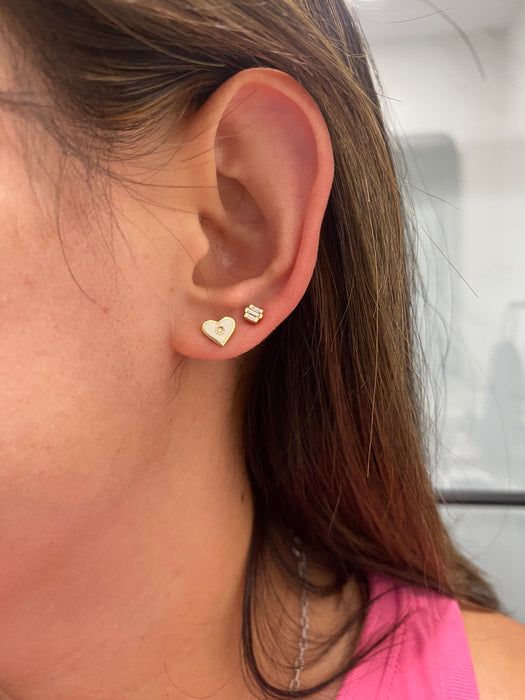 14K Gold White Enamel Diamond Heart Stud Earrings
