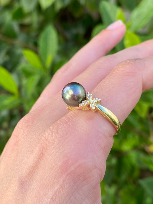 14k rainbow black pearl with diamond butterfly ring size 7