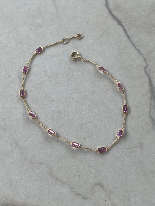 14K Gold Emerald-Cut Pink Sapphire Charm Bracelet