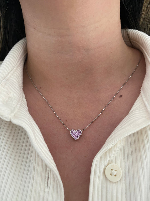 18K White Gold Pink Sapphire Heart Pendant Necklace – 1.08 TCW Princess Cut Invisible Set, Adjustable Chain