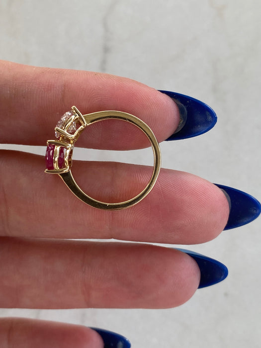 14K Gold Ruby & Pear Diamond Ring – 1 Carat Oval Ruby, 1 Carat Pear Lab Diamond, Size 4.75