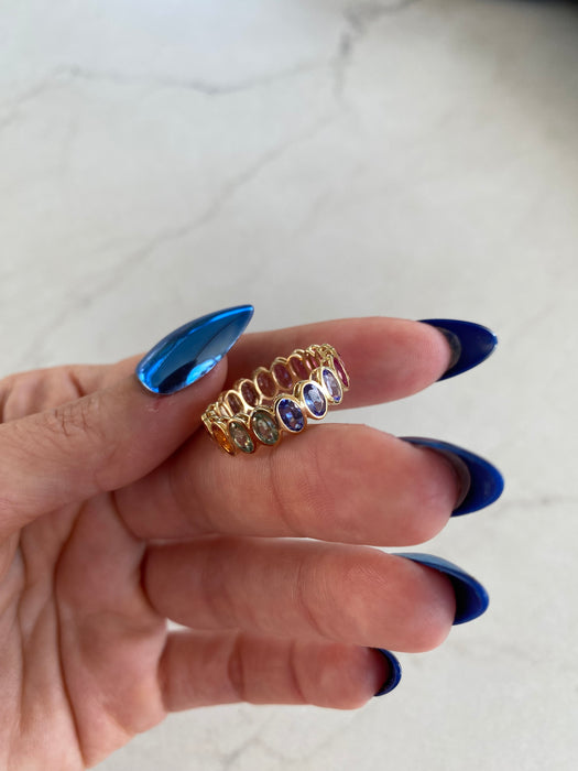 18K Rainbow Sapphire Bezel-Set Oval Eternity Ring