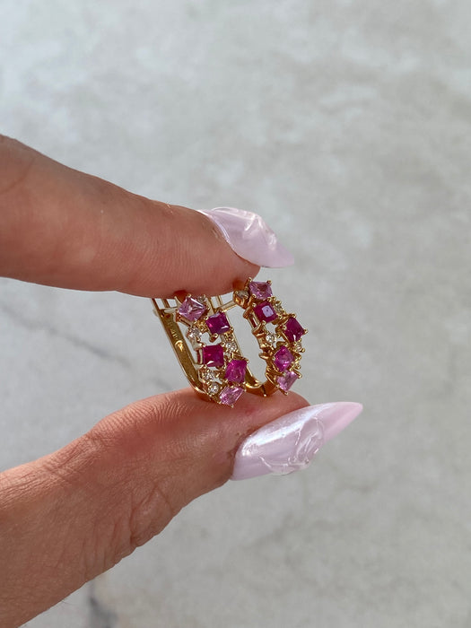 14K Gold Ruby & Pink Sapphire & Diamond Huggie Earrings