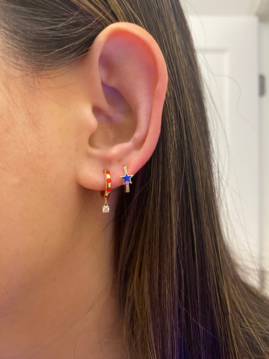 14k blue enamel diamond star Huggie earrings