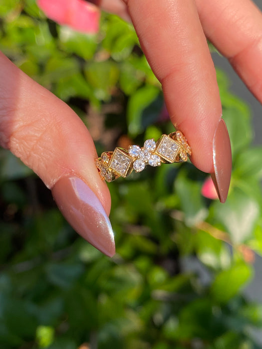 Vintage 18k Gold Invisible Set Princess Cut Diamond & Round Diamond Ring Size 6.25
