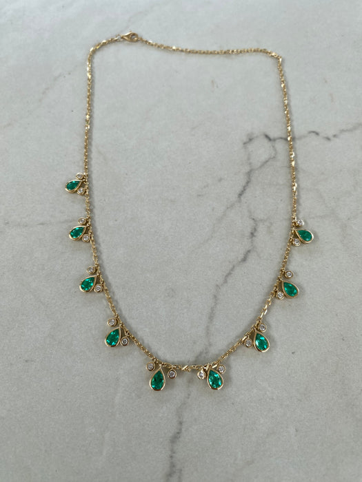 14K Gold Mariner Chain Necklace with Lab-Grown Pear Emerald & Diamond Stations