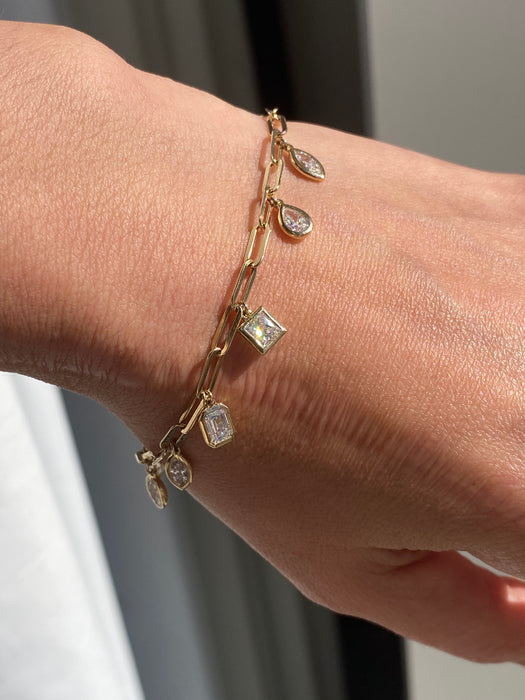 14k Gold Lab Diamond Bezel Charms Paperclip Bracelet With Dog Clip