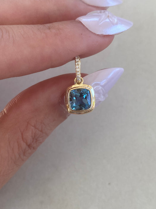 14K Gold London Blue Topaz & Diamond Cushion Charm