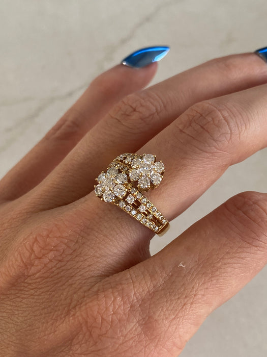 Vintage 18K Gold Diamond Bypass Flower Ring – 1.34 TCW – Size 6.5