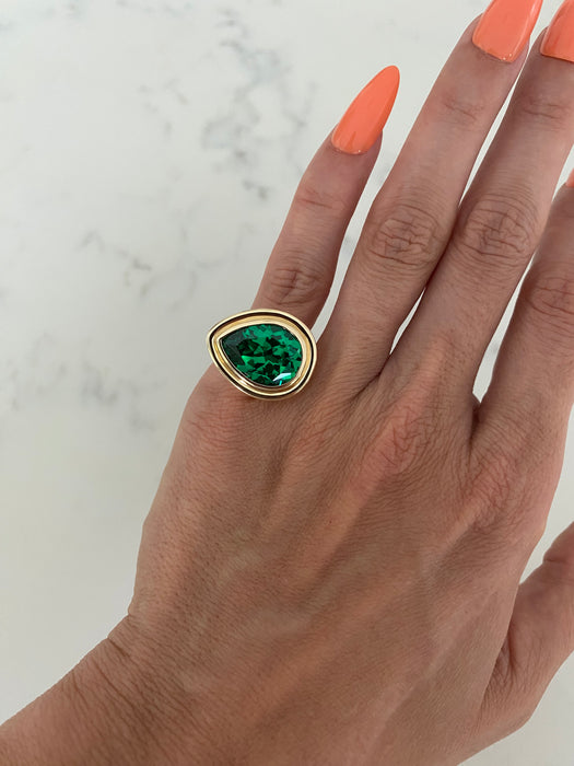 14K Gold Bezel-Set Lab Emerald Pear Pinky Ring