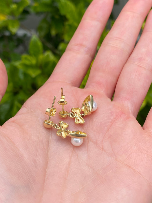 14k dangly bow pearl earrings