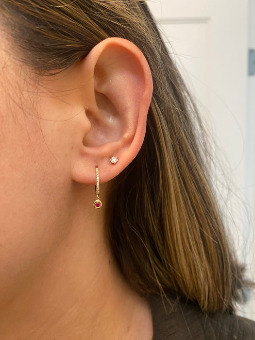 14K Gold Diamond Ruby Leverback Huggie Earrings
