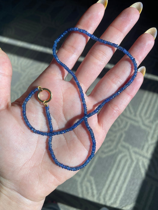14k Gold Blue Sapphire Beaded Necklace With 14k Connector Charm 16.75”