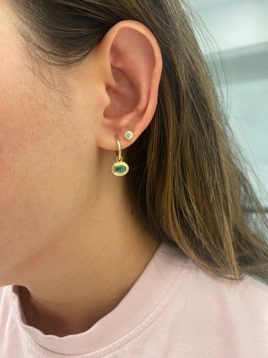 14K Gold Natural Emerald Huggie Earrings with Double Bezel Charms