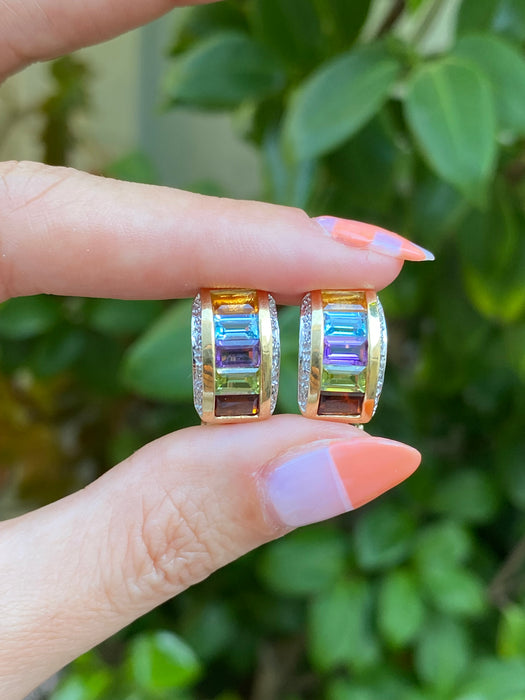 14k rainbow diamond omega earrings