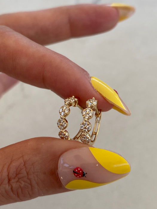14K Gold Diamond Huggie Earrings – Floral Disc Design