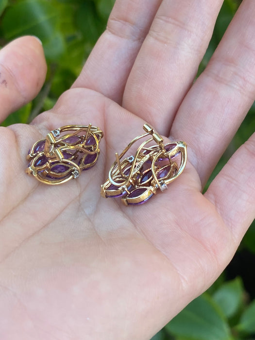 Vintage 14K Gold Marquise Amethyst & Diamond Earrings with Omega Backings
