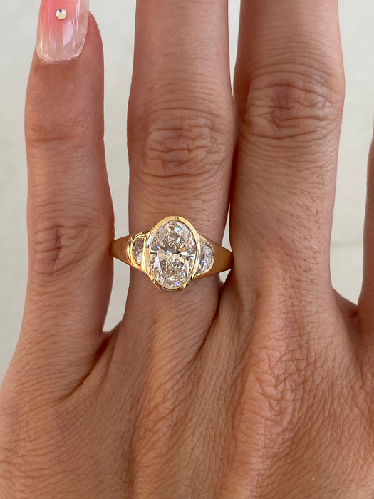 14K Gold 2.44 TCW Carat Oval Lab Diamond Ring with Flush Half-Moon Accents