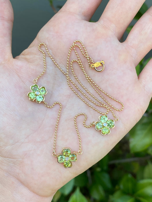 14k peridot clover bead station necklace 18”