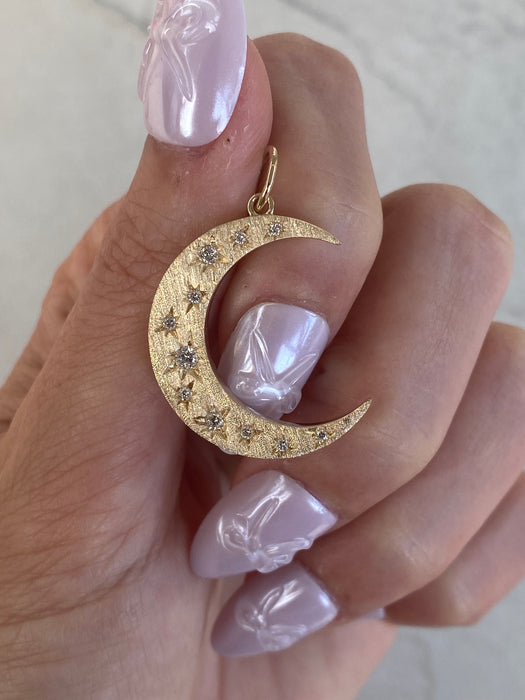 14K Brushed Diamond Crescent Moon Star Charm
